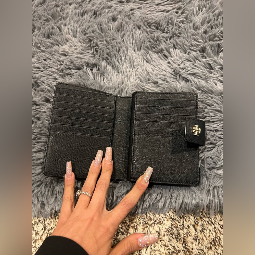 Tory Burch Black Saffiano Leather Small Bifold Wallet with Gold Logo